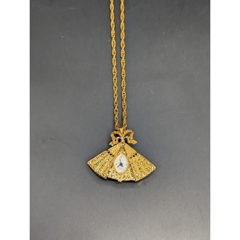 Vintage Linda 14KGE Fan Pendant Secret Watch Necklace Rhinestone Gold Plated 30"